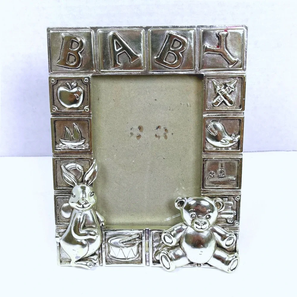 Vtg Silver Tone Baby Blocks Photo Frame Bunny TeddyBear Nursery Whimsy Storybook